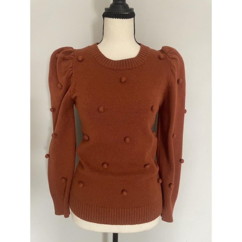 Aaron & Amber Burnt Orange Yarn Pom Puff Sleeve Knit‎ Sweater. Size M.